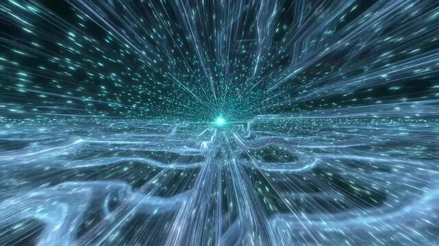 Abstract cosmic tunnel with flowing luminous lines in digital style on dark background, symbolizing speed and futuristic motion