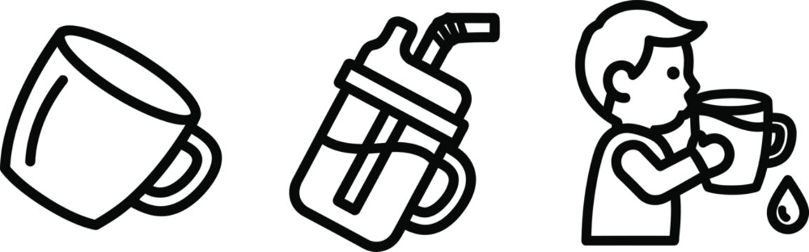 Set of icons: cup, sippy cup, person drinking from mug