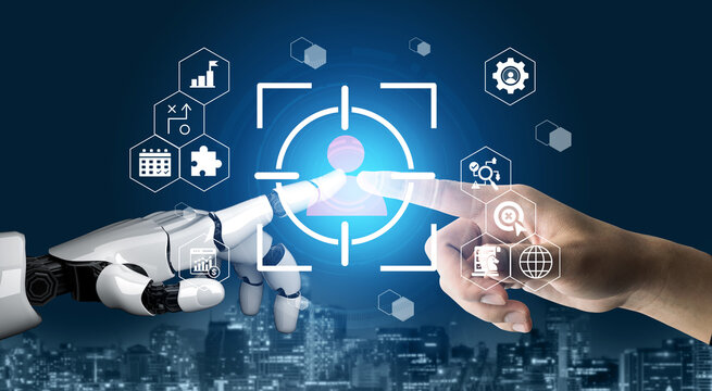 A striking visual representation of a human hand and a robotic hand reaching out, symbolizing the synergy of technology and humanity in a digital age. Gantry