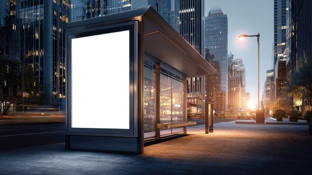 Blank billboard mockup on a modern bus stop shelter in a city at night with skyscrapers in the background