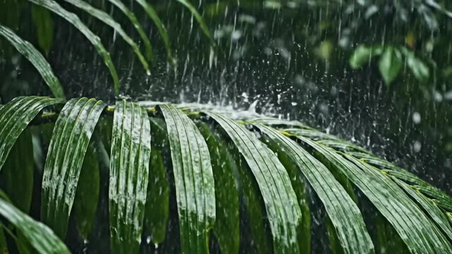 Closeup rain splashing across wet tropical palm frond with silver droplets and dark blurred jungle background. Atmosphere of refreshing rainforest storm