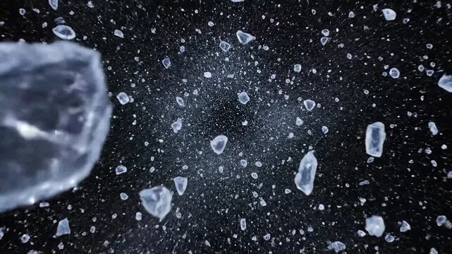 Exploding ice shards radiating from center on black background