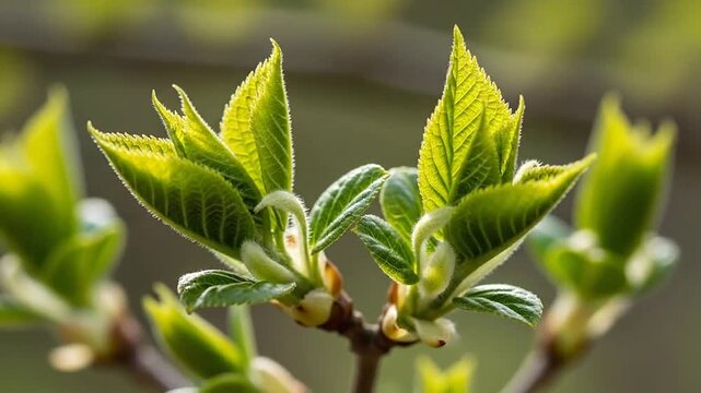 Fresh green leaves budding on branch in spring sunlight