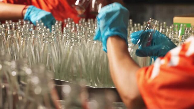Close-up of industrial bottling equipment precisely filling glass containers with liquid during high-speed beverage production process in factory