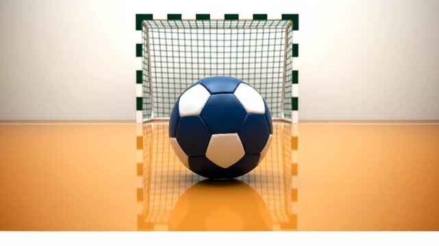 A soccer ball sits centered on a polished court before a goal. The ball's reflection is sharp on the glossy floor.