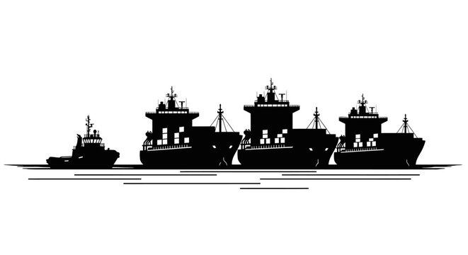 fleet of cargo ships and tugboat silhouette high quality professional detailed modern elegant stylish clean crisp vibrant colorful digital creative innovative