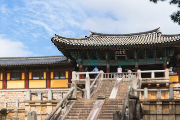 Fototapeta premium Bulguksa Buddhist Temple, Gyeongju city, South Korea, view in a sunny day, North Gyeongsang Province, Bulguksa Burimun Gate, Jinhyeon-dong, Tohamsan mountain, Yeongnam region, Gyeongju National Park