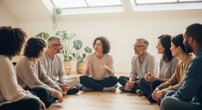 Diverse group participating in supportive therapy discussion session