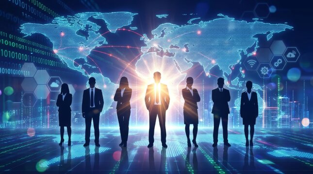 Global Business Networking and Digital Leadership Concept with Silhouettes of Professional Team and World Map Background