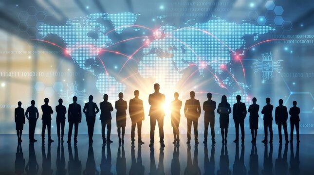 Global Business Networking and Digital Leadership Concept with Silhouettes of Professional Team and World Map Background