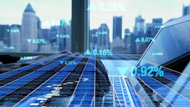 Financial stock market numbers and charts overlaid on a laptop in a modern city office