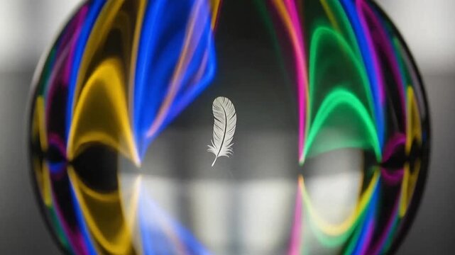 Glass sphere with colorful light waves and central feather