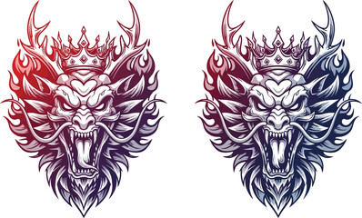 Fototapeta premium Two fierce crowned dragon heads with fiery details, one in red-purple gradient and the other in blue-purple gradient, in a detailed illustrative style.