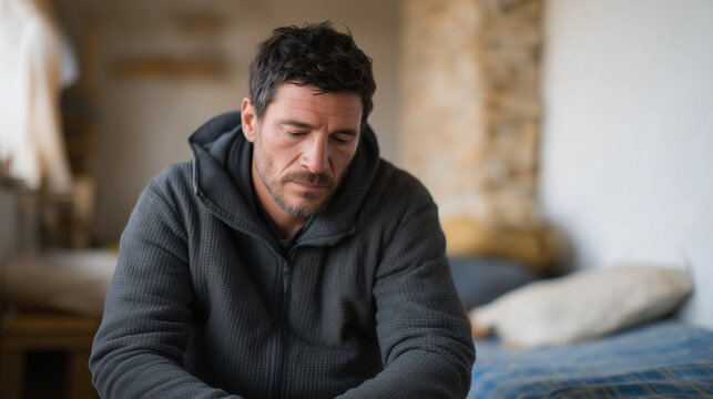 Refugee man in his forties sits on the edge of a donated cot in a community shelter, holding a worn photograph of his family, eyes cast down, humanitarian crisis personal grief, displaced adult male
