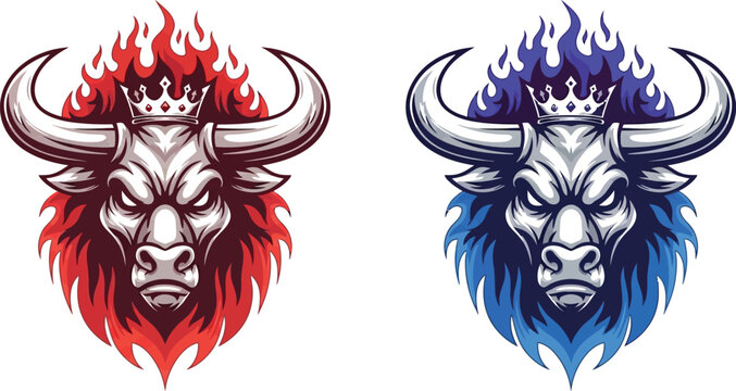 Furious bull head with crown and red flames, a powerful and aggressive mascot design.