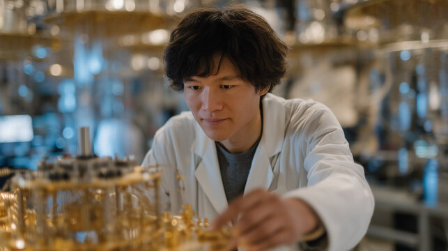 Solitary researcher adjusting superconducting qubit array inside cryogenic dilution refrigerator, laboratory blue-tinted overhead lighting, frost condensation on steel housing, quantum decoherence e