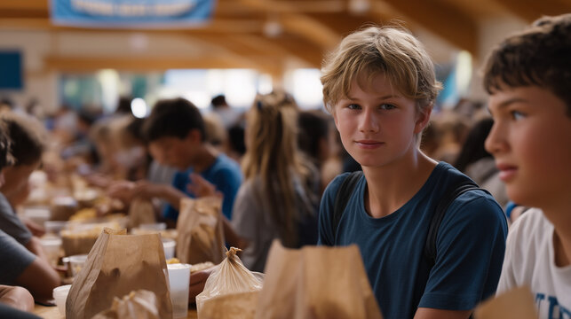 Crowded gymnasium with folding tables where middle schoolers and adult mentors work together stuffing summer meal program bags, school volunteer event, food insecurity outreach, June community servi