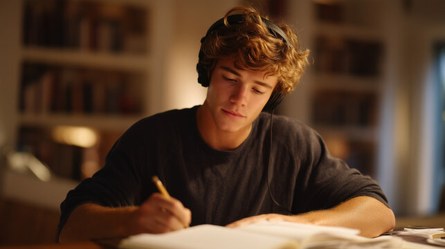 Young man alone at a dimly lit desk wearing headphones, notepad covered in handwritten notes, crisis hotline volunteer overnight shift, mental health support worker, nonprofit helpline, empathetic l