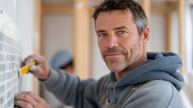 Mosaic tile installation class at trade school where diverse adult students grout bathroom wall panels, instructor demonstrating technique, skilled crafts training, vocational certificate program, h