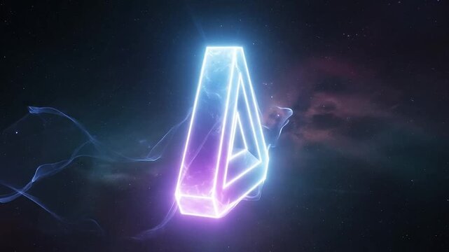 Glowing neon Penrose triangle floating in space nebula background