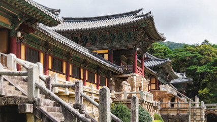 Naklejka premium Bulguksa Buddhist Temple, Gyeongju city, South Korea, view in a sunny day, North Gyeongsang Province, Bulguksa Burimun Gate, Jinhyeon-dong, Tohamsan mountain, Yeongnam region, Gyeongju National Park