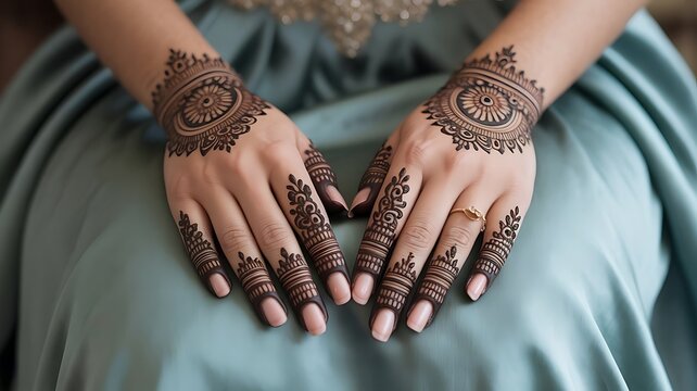 Close-up of elegant female hands with intricate traditional henna mehendi design on teal fabric background.