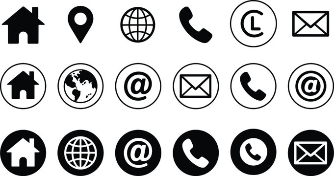 Set of Communication and Location Icons in Black and White