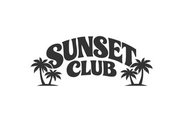 Vintage Sunset Club logo design with stylized palm trees, perfect for travel or summer themes © DzgnVibe