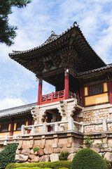 Fototapeta premium Bulguksa Buddhist Temple, Gyeongju city, South Korea, view in a sunny day, North Gyeongsang Province, Bulguksa Burimun Gate, Jinhyeon-dong, Tohamsan mountain, Yeongnam region, Gyeongju National Park