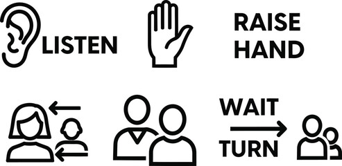Fototapeta premium Social Skills Icons: Listen, Raise Hand, Wait Turn, People Interaction