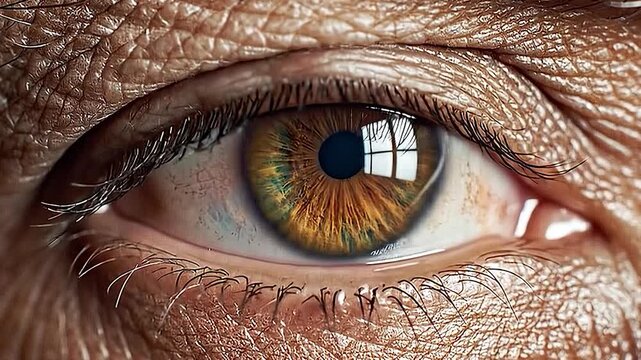 Close up of an elderly man's weathered eye with brown iris and wrinkled skin showing wisdom and aging process for geriatric medicine retirement lifestyle and ancestral heritage storytelling videos