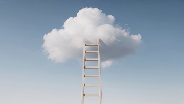 Wooden ladder leading to a white cloud in blue sky, concept of aspiration and goals