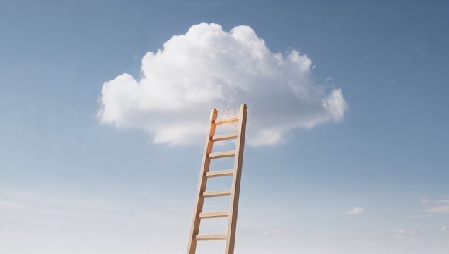 Wooden ladder leading to a white cloud in blue sky, concept of aspiration and goals