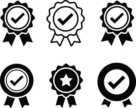 Set of six black and white award rosette icons with checkmarks