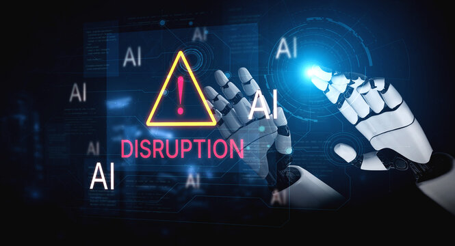 Disruption warning future of work, featuring AI agents replacing human jobs. Represents labor unemployment, corporate automation cost shift, and need for new career reskilling and upskilling. Corpus
