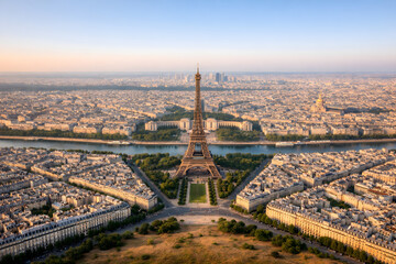Obraz premium Eiffel Tower aerial view at sunrise over Paris cityscape with clear blue sky