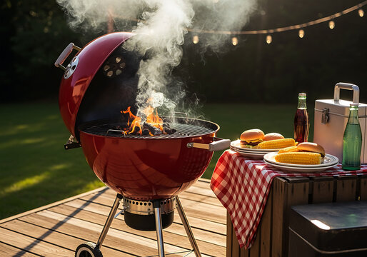 Red charcoal grill with fire, smoke, cooking food on sunny outdoor deck with string lights, checkered tablecloth, corn, burgers, drinks, summer backyard party scene.