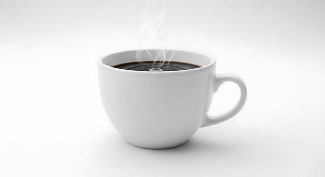 A white ceramic mug filled with steaming hot black coffee, captured in a studio setting against a plain white backdrop