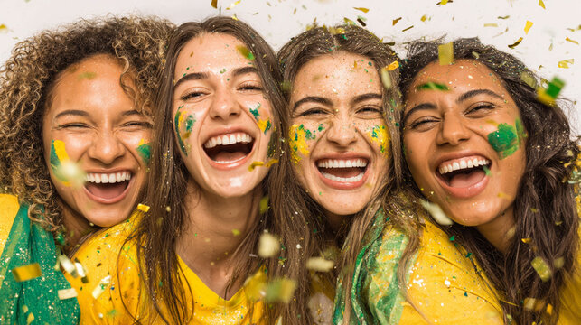 Brazilian football fans celebrating victory, hugging and laughing with green and yellow face paint and confetti on white background