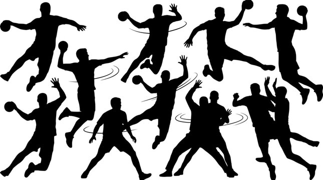 Black silhouette of handball players in various dynamic poses, illustrating athletic action and teamwork on a white background, player silhouette, sport silhouette, game silhouette, team silhouette