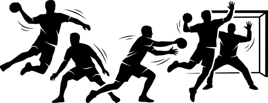 Black silhouette of handball players in various dynamic poses, illustrating athletic action and teamwork on a white background, player silhouette, sport silhouette, game silhouette, team silhouette