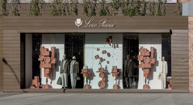 loro piana luxury italian boutique store entrance window display on Gansevoort St New York NY meatpacking district shopping manhattan nyc