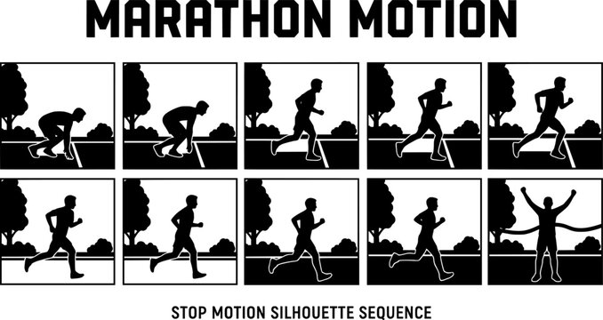 Running man silhouette set of 10 vector icons, male runner sprinting animation sequence, athletic person jogging in various poses for sports design