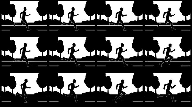 Running man silhouette set of 10 vector icons, male runner sprinting animation sequence, athletic person jogging in various poses for sports design