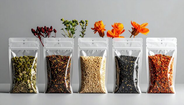 Clear packets containing various assorted garden seeds arranged with fresh floral stems behind them on a neutral tabletop.