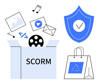 E-learning, digital media, cybersecurity, online shopping, content delivery, educational tools. Visual shows SCORM box with media icons, shield with checkmark and shopping bag. E-learning