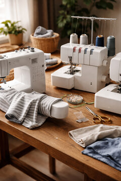 White sewing machines and serger with colorful thread spools on wooden table in bright home studio workspace with fabric, scissors, and sewing supplies.