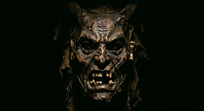 Spooky demon mask on black background, horror concept