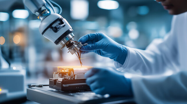 Over the shoulder silhouette of gloved hands adjusting a robotic arm prototype in a bright semiconductor research lab with softly defocused microchip wafers robotic engineering