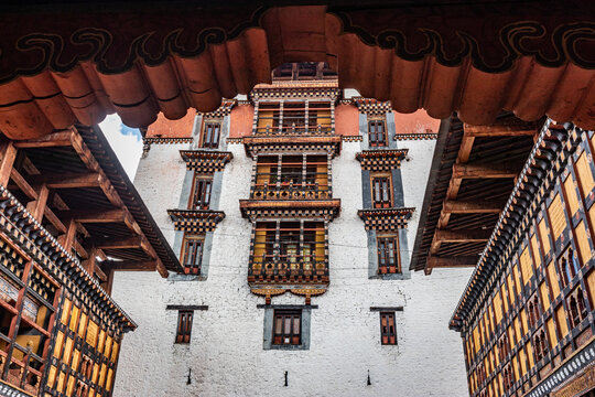 Tower of  Rinpung Dzong, Buddhist monastery and fortress in Paro, Bhutan